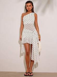 SHEIN BAE Robe à la mode avec volants à l'ourlet, imprimé à pois, sans manches pour femmes - Blanc - Voir 4
