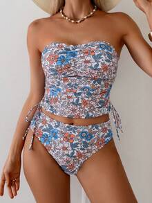EMERY ROSE Conjunto de tankini de traje de baño con estampado floral, cordón y fruncido retorcido para mujeres, ideal para vacaciones de verano en la playa - Multicolor - Ver 4