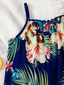 SHEIN Young Girl Vacation Casual Chiffon Ditsy Floral Jumpsuit - Navy Blue - View 4