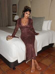 Maria Perezxox Solid Color Knit Lace Ruffle Hem Dress For Women, Vacation Going Out Outfit, Elegant Sexy Party Date Night Outfits Women, Christmas Outfit Women, Elegant Wedding Guest Outfits, Boho New Year Look, Elegant Party Outfit, Luxury Evening Outfit For Women,Dresses For Women Elegant,New Year Dress ,Elegant Party Dresses,Dresses For Women Elegant - Coffee Brown - View 5