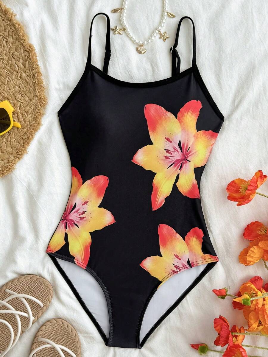 SHEIN Traje de baño de una pieza con estampado floral para niña preadolescente, adecuado para vacaciones en la playa, fiestas en la piscina y fiestas en la playa - Negro - Ver 1