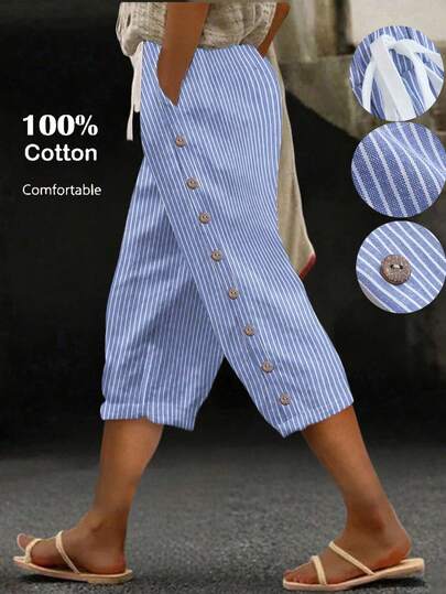 Linhara CURVE Plus Size Women's Spring/Summer Linen Striped Casual Comfortable Basic Striped Pants, Daily/Vacation/Beach Pants With Button Decor Capri Pants Button Decor Women's Striped Trousers Button Pants Casual Pants