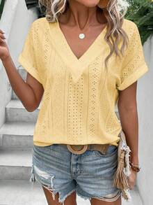 Camiseta casual y versátil para primavera/verano con cuello en V, puños acampanados y estampado degradado en forma de corazón - Amarillo - Ver 5