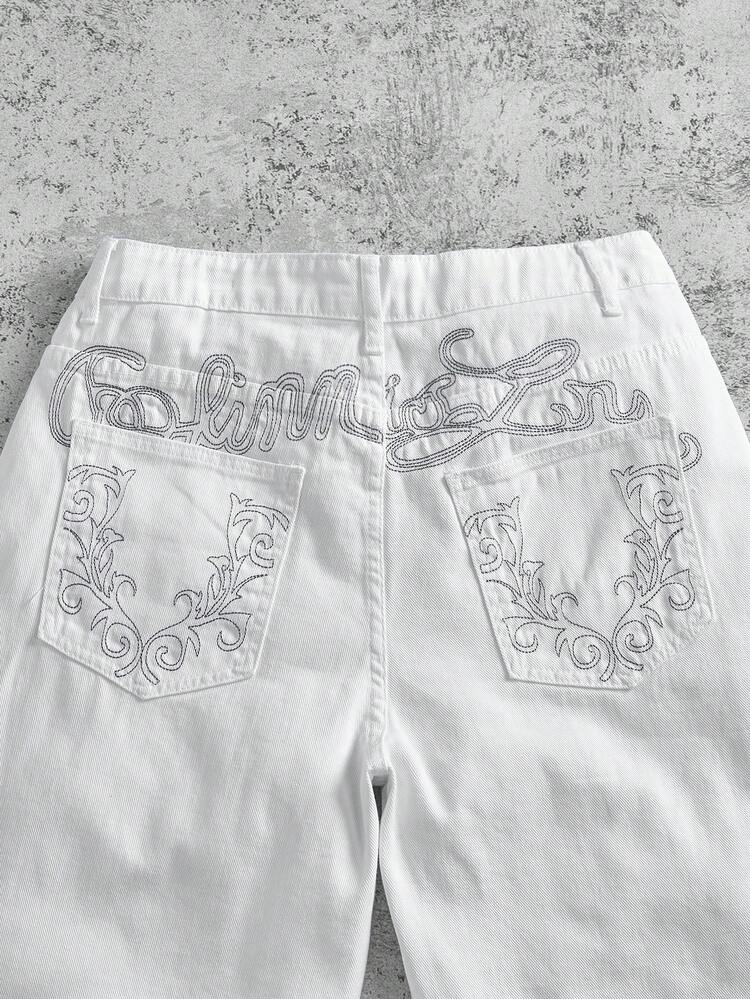 Manfinity ZONE917 Streetwear Minimalist Fashion Versatile Letter Embroidery Decor West Coast Inspired Casual Everyday Niche Design Straight Leg Jeans Shorts Men's Y2k Clothes - White - View 5