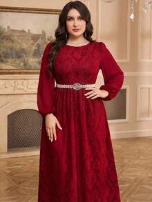 Modelyn Plus Size Women Floral Jacquard Round Neck Lantern Sleeve Elegant Dress Fall - Burgundy - View 4