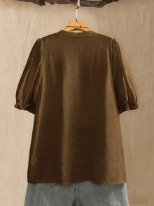 SHEIN LUNE 大尺碼女款刺繡花卉圖案泡泡袖上衣 - 棕色 - 查看 2