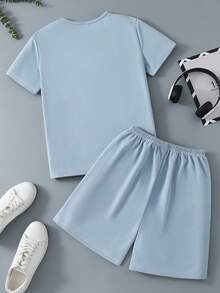 Teen Boy Casual Patchwork Color-Blocking Short Sleeve T-Shirt And Shorts Set, School, Campus, College - Blue - View 2