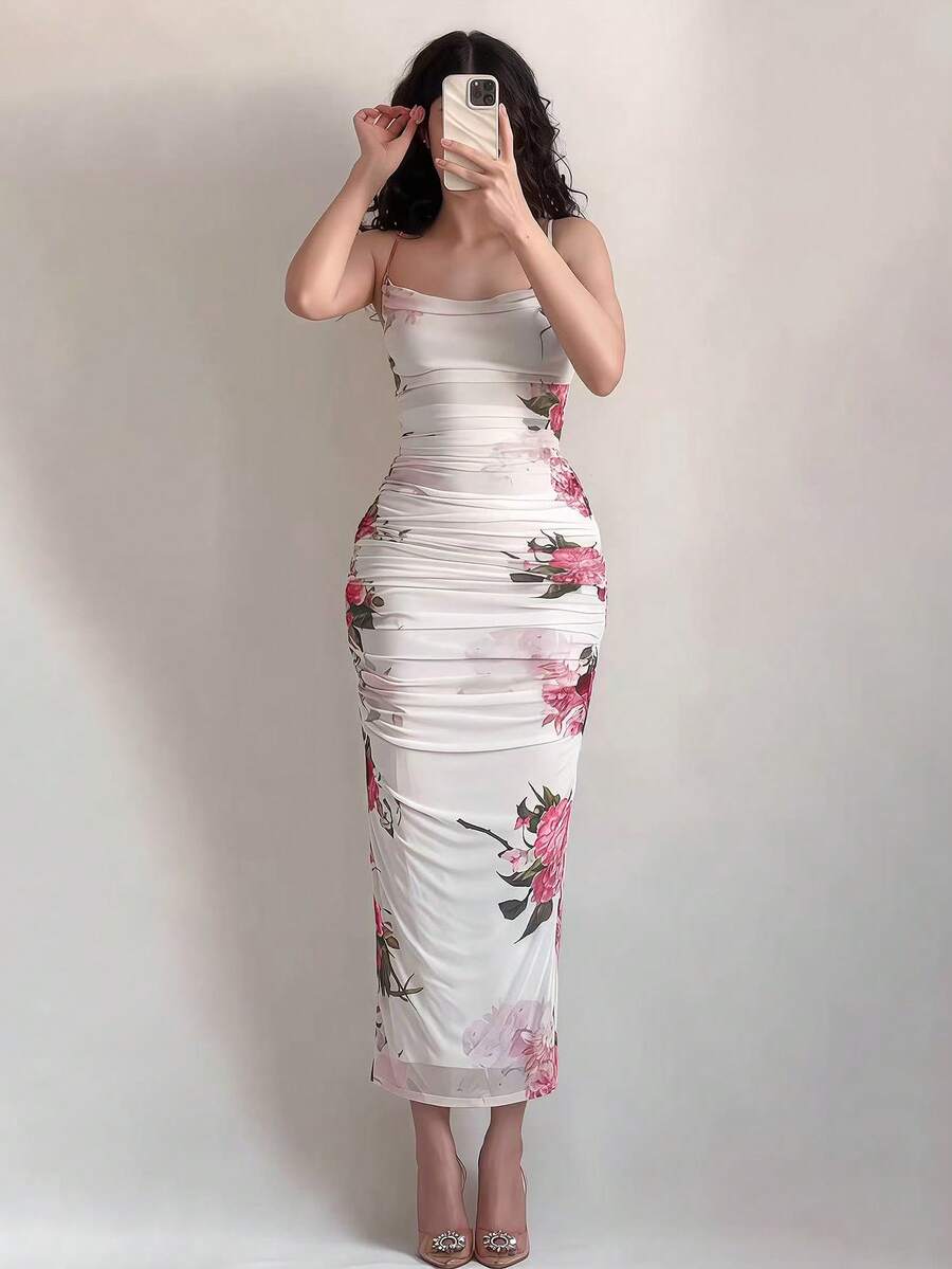 浪漫度假印花连衣裙，网纱材质 - 紅白色 - 查看 1