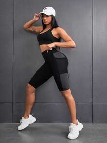 SHEIN Sports 大码女士运动跑步短裤，侧边带手机口袋，网眼透气骑行短裤 - 黑色 - 查看 6