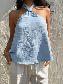 SHEIN EZwear 淺藍色編織掛脖上衣女款，夏季海灘度假歐風端莊上衣 - 淺藍色 - 查看 4