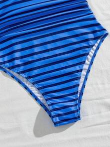 SHEIN Swim 女士新款条纹U领连体泳衣 - 藍色 - 查看 8