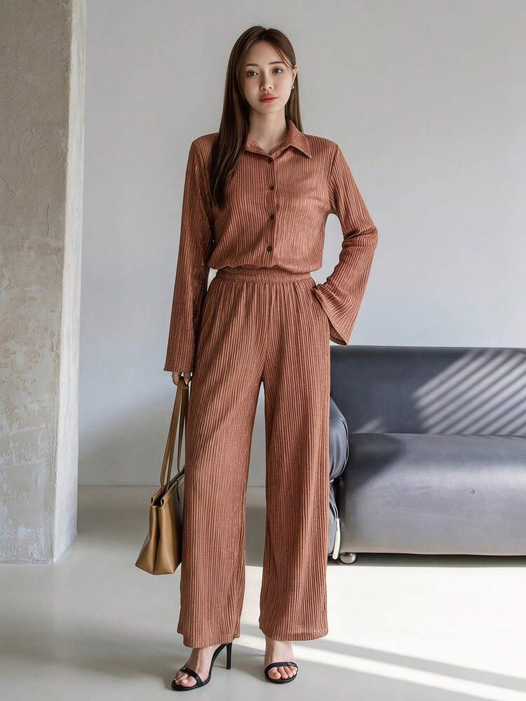 Spring/Summer Design Sense Valentine's Day Loose Shirt & Straight Leg Pants Set, Elegant Office/Commute Outfit, Old Money Luxury Women 2 Pieces Lounge Sets For Women
