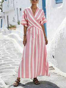SHEIN Holidaya 女士黄色条纹宽松度假春夏V领修身连衣裙，适合度假、休闲、居家和日常活动 - 粉色 - 查看 5