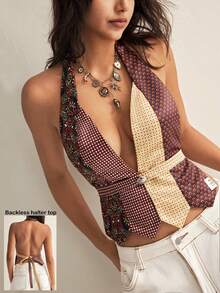 Easelle 女士性感露背系带印花吊带上衣，波西米亚风，适合夏季度假 - 彩色 - 查看 1
