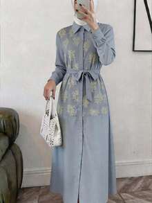 Veilorie Vestido de manga larga con bordado de estilo árabe de una sola hilera para mujer - Gris - Ver 1