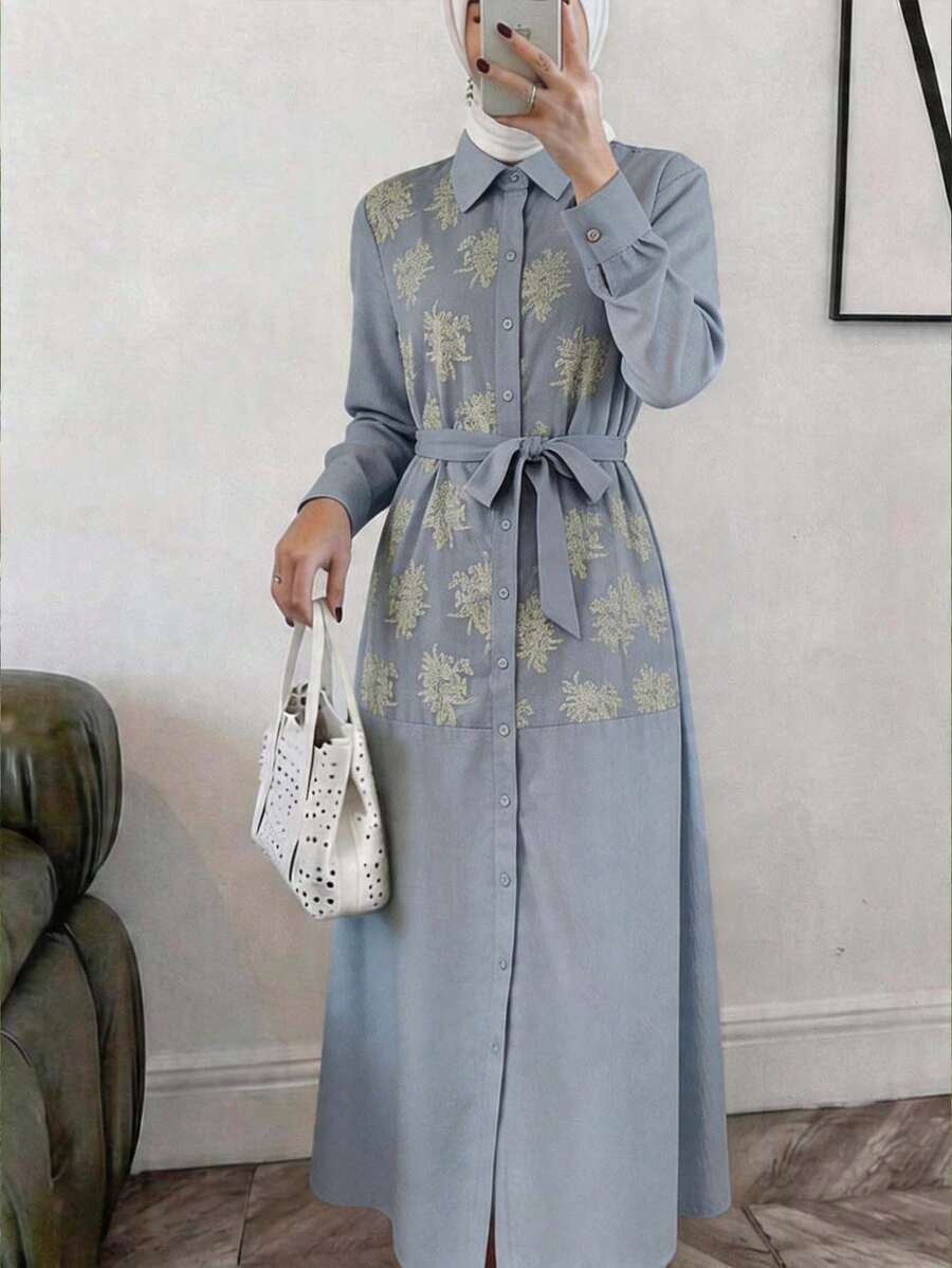 Veilorie Vestido de manga larga con bordado de estilo árabe de una sola hilera para mujer - Gris - Ver 1