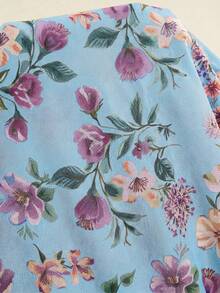 EMERY ROSE Plus Size Women Floral Print Ruffle Sleeve Loose Blouse - Baby Blue - View 6