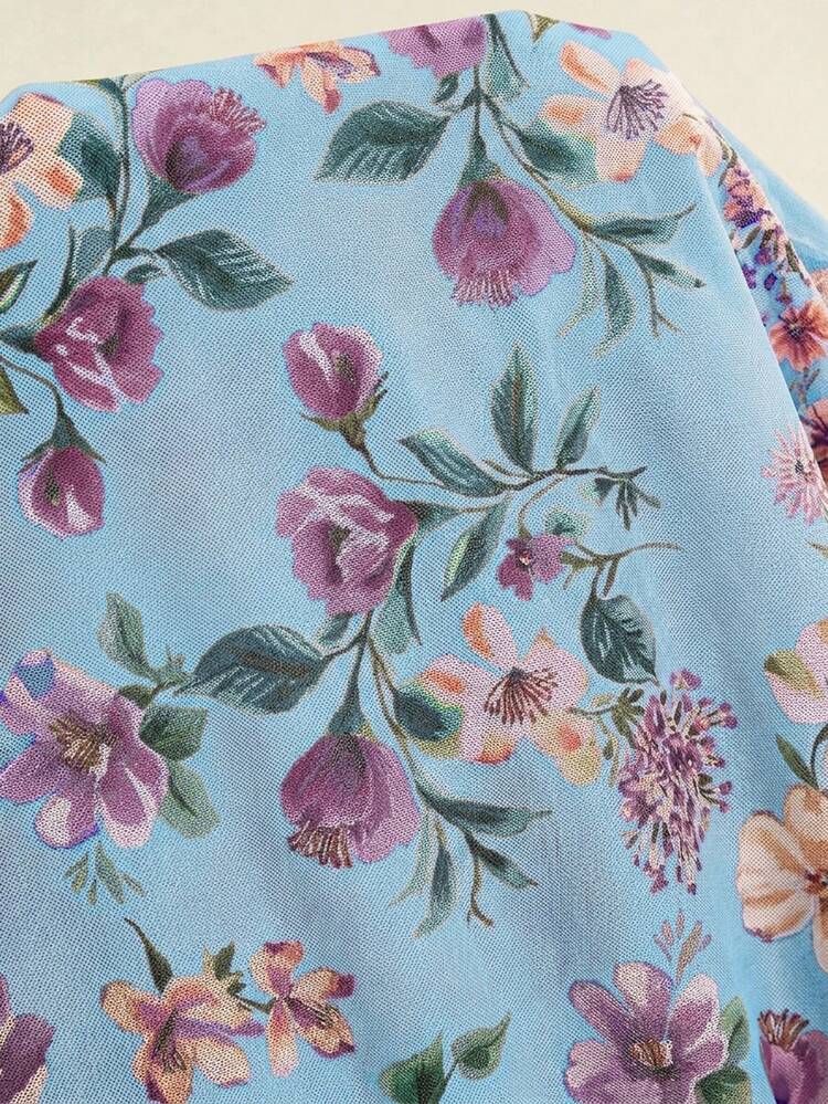 Plus Size Women Floral Print Ruffle Sleeve Loose Blouse