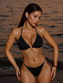 Swim SXY Bộ bikini dây buộc cổ màu trơn dành cho nữ Bộ bikini gợi cảm, đồ bơi đi biển mùa hè - màu đen - Xem 4