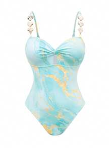 Swim Oasis Áo tắm liền thân nữ có váy, dây đeo hình vỏ sò, họa tiết đá cẩm thạch. - Nhiều màu - Xem 3