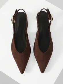 Mnmlis Glossy Black Pointed Toe Backless Shoes, Gold Buckle Decor Low Heel Commuter Sandals Summer Shoes - Brown - View 2