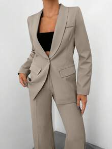 EURMUSE Bộ đồ vest nữ dài tay màu trơn và quần túi Pintuck - Màu be - Xem 6