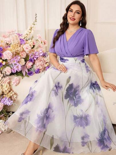 Modelyn 大码优雅印花拼接连衣裙，夏季