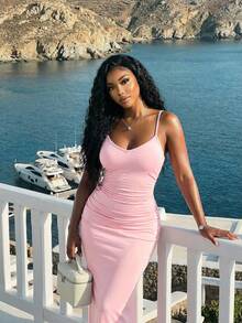 Slaydiva 优雅性感低胸褶皱修身长裙，粉色 - A - 粉色 - 查看 3