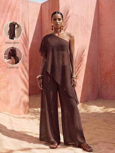 Zivah New Women's Vacation Casual Beach Pool Party Semi-Sheer Chiffon Cover Up & Wide Leg Pants Set With Cover-Up