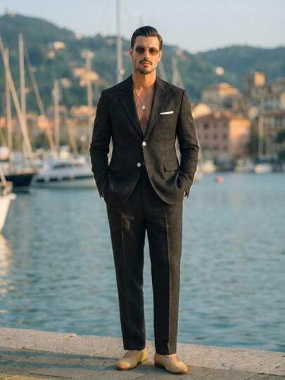 HIMLAND Men's Casual Business Notched Lapel Single-Breasted Suit Jacket And Pants Set ,Men's Black 2 Piece Tailored Fit Suit For Wedding Guest ,Lightweight Summer Destination Wedding Groom Suit Set ,Old Money Aesthetic Smart Casual Black Blazer And Trousers ,Effortless Italian Style Single Breasted Suit For Men ,Classic Black Suit Set Paired With Loafers Outfit ,Versatile Business Casual Wrinkle Resistant Dress Suit ,Men's 2 Piece Suit Set ,Men's Effortless Tailored Black 2-Piece Set ,Men's 2 Piece Suit Set ,Black Tailored Suit ,Groom Suit ,Wedding Guest Outfit Men ,Everyday Dress Suit ,Business Casual Suit ,Interview Suit