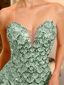Poshira Strapless Deep V-Neck Rhinestone Sequined Mini Party Dress,3D Floral Design Short Hem Gown For Birthday,Wedding Guest,Cocktail & Graduation - Green - View 8