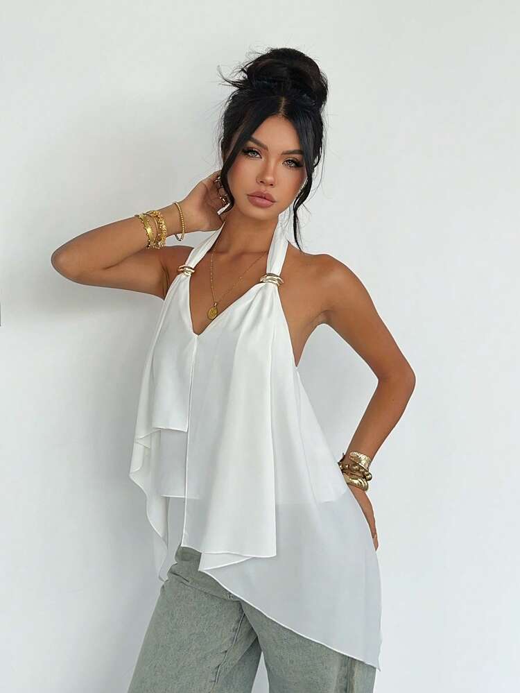 White Metal Decor V-Neck Sleeveless Top For Women