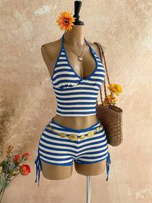 Soleia 女士春夏度假两件套：红白条纹撞色针织不对称露肩短款上衣和超低腰紧身短裤，适合派对、约会、海滩、邮轮、嘉年华、复活节等场合。 - 藍白色 - 查看 3