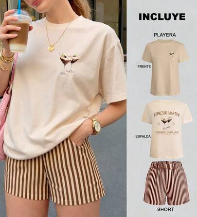 Conjunto de dos piezas, playera y short, playera estampada con diseño de expresso de martinis y texto, short corto de rayas en color café con beige, para mujer, adecuado para vacaciones en la playa, conjunto de verano, atuendo de vacaciones, ropa de viaje, estilo de playa, ropa de vacaciones, para temporada de calor