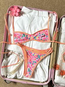 SHEIN Swim Mod 女士沙滩套装，橙色碎花，双面条纹，超迷你比基尼抹胸，时尚休闲度假可爱性感女士泳装套装 - 彩色 - 查看 3