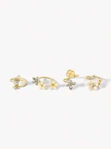 Opalesca 4pcs Ins Style Faux Pearl & Rhinestone Butterfly Flower Rings Set, Faux Gemstone 5-Petal Flower Stackable Rings For Women - Gold - View 3