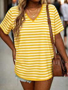 EMERY ROSE Plus Size Women's Striped Simple V-Neck Short Sleeve Casual T-Shirt For Women - Multicolor - View 3