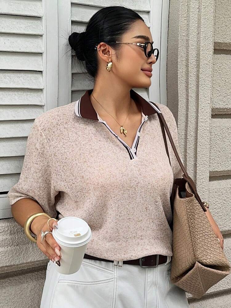 Dazy Plus Summer Casual Loose Fit Polo Collar Color Block Short Sleeve T-Shirt, Plus Size