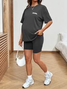 SHEIN 2pcs Maternity Letter Print Casual Short Sleeve T-Shirt And Adjustable Waist Shorts Set Maternity Sets Outfit For Pregnant Women Maija Women Clothing 2piece Outfit For Women Set Casual Pijams Summer Set For Woman - Grey - View 4