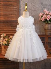 SHEIN Glamorique Kids 年轻女孩优雅迷人白色蕾丝无袖束腰可爱蝴蝶结可拆卸奢华双层薄纱蓬蓬裙 - 白色 - 查看 3