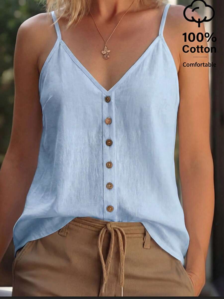 Women's Casual Solid Color Button Decor Camisole Top, Summer - Blue - View 1