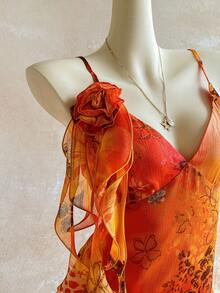 Soleia Plus Size Vintage Bohemian Animal Print Orange Jellyfish Ruffle Trim Shiny Chiffon Dress Beach Vacation Summer - Multicolor - View 12