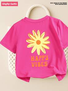 女童粉色碎花短袖T恤，圆领休闲字母时尚上衣，“HAPPY VIBES”雏菊图案印花T恤，度假款 - 玫紅色 - 查看 2