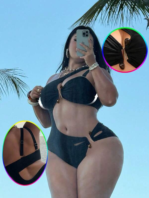 Swim Chiccia 2026 Frühling Damen Große Größen Bandeau Badeanzug mit Metall Dekor auf der Brust, Ausschnitt am Bauch, Metall Dekor auf einer Seite der Taille, sexy String-Unterteil für den Urlaub