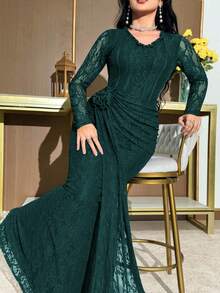 Modelyn Vestido elegante de encaje con volantes y decoración floral para mujer de talla grande - Verde Oscuro - Ver 8
