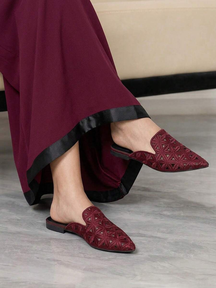 Sleekvia Women's Casual Versatile Commuter Hollow Embroidered Pointed Shoes - Burgundy 2 - View 1