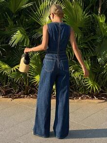 Livesso Bộ jumpsuit denim nữ không tay cổ chữ V thắt eo - Màu xanh lam - Xem 2