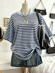 EMERY ROSE Plus Size Women's Pattern Digital Stripe Print Fashionable Minimalist Round Neck Women's T-Shirt - Multicolor - View 3