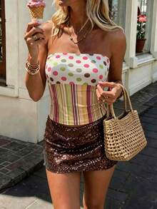 Cévolie Top tubo de ajuste ceñido con estampado de lunares y rayas para mujer / Vacaciones en la playa / Verano - Multicolor - Ver 1