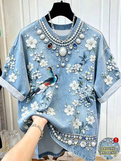 Resyla Áo thun nữ cỡ lớn in họa tiết hoa và chim, kiểu dáng thêu, cổ tròn, tay ngắn, màu xanh dương, thích hợp mặc hàng ngày vào mùa hè và đi nghỉ mát.